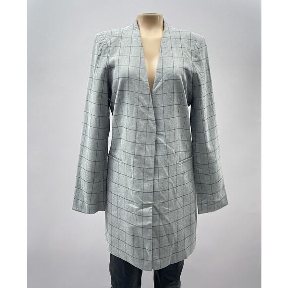Calvin Klein Jacket Women 10 Gray Windowpane Plaid Open Topper Blazer Collarless - Picture 1 of 11
